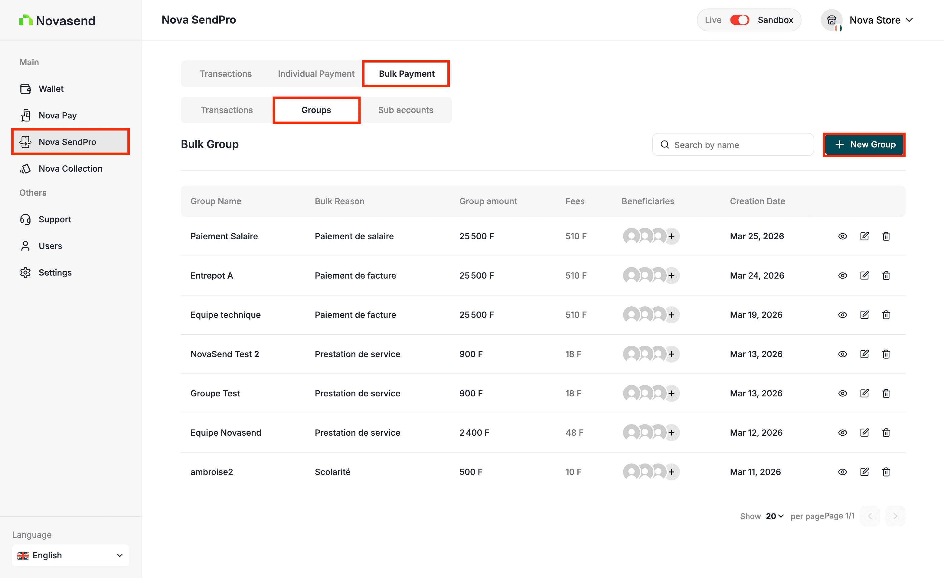 Image: Click on Bulk Payment tab and Groups sub-tab, then on the New group button