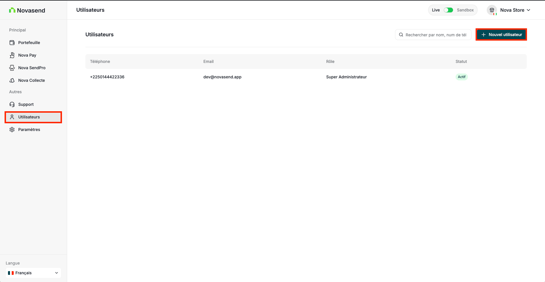Bouton Nouvel utilisateur