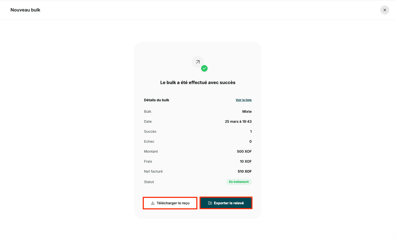 Image : Écran de succès avec boutons de téléchargement du reçu et du relevé