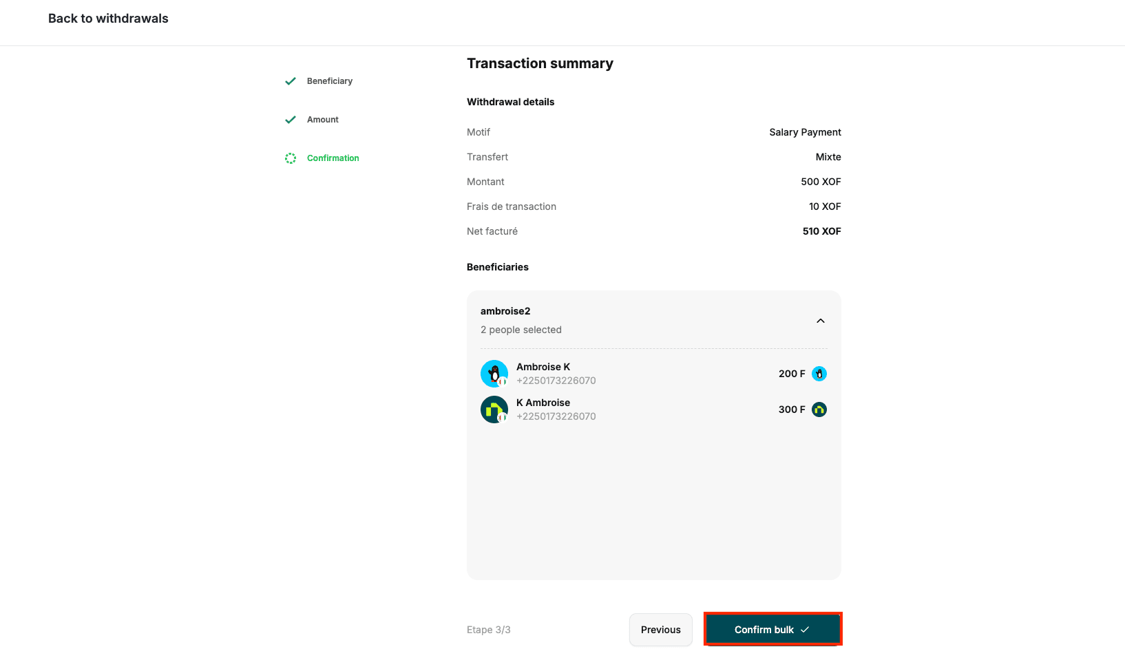 Image: Mass payment summary screen