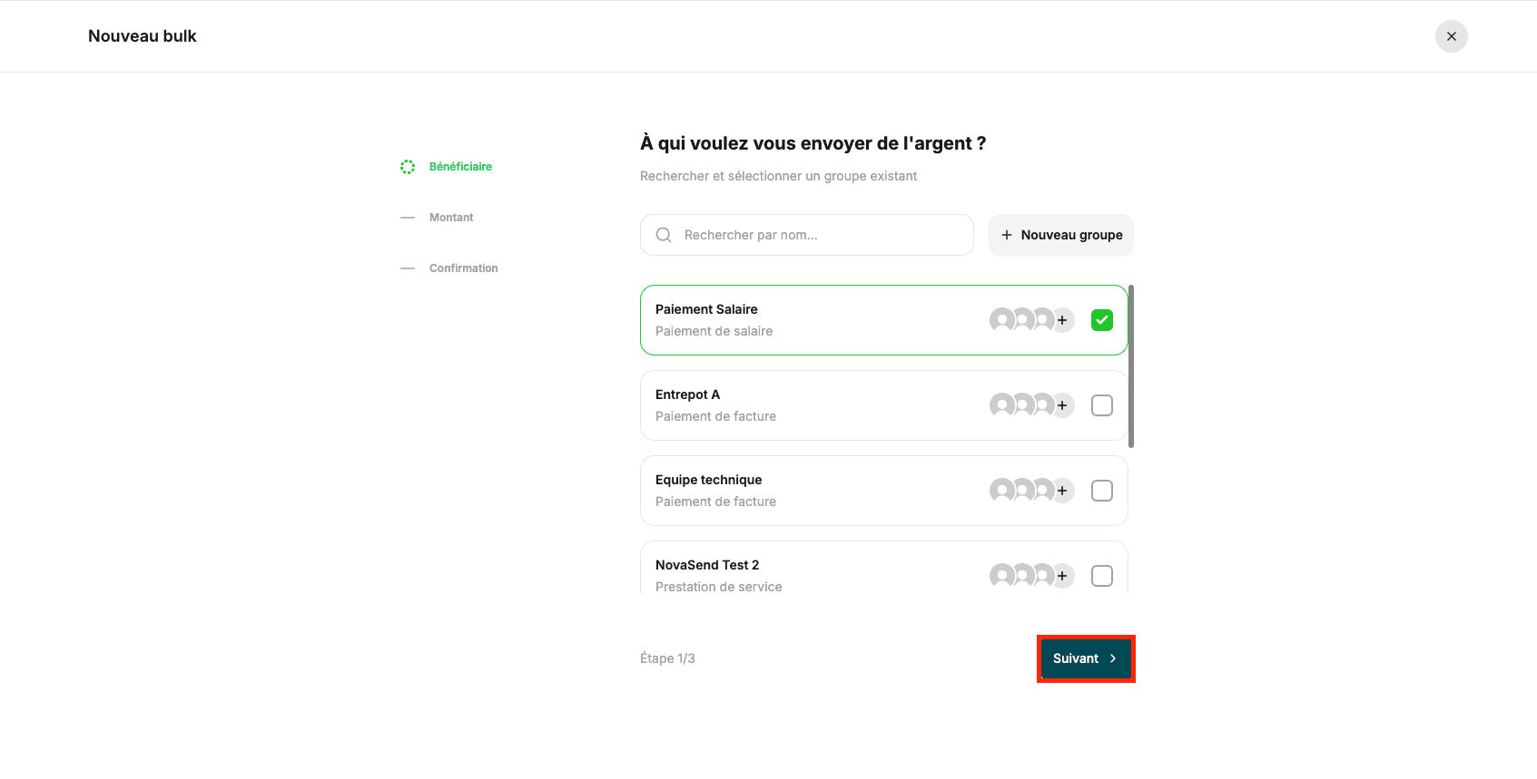 Image : Sélection du groupe et bouton Suivant