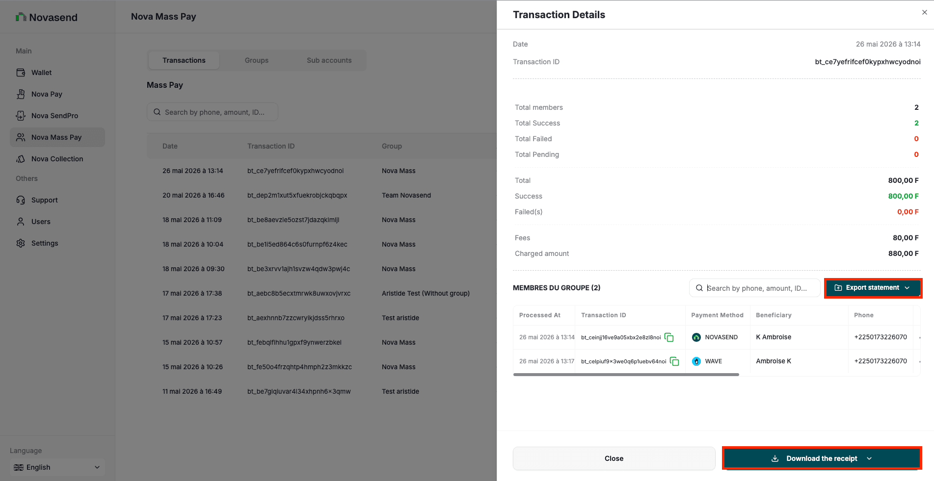 Image: Mass payment details download buttons