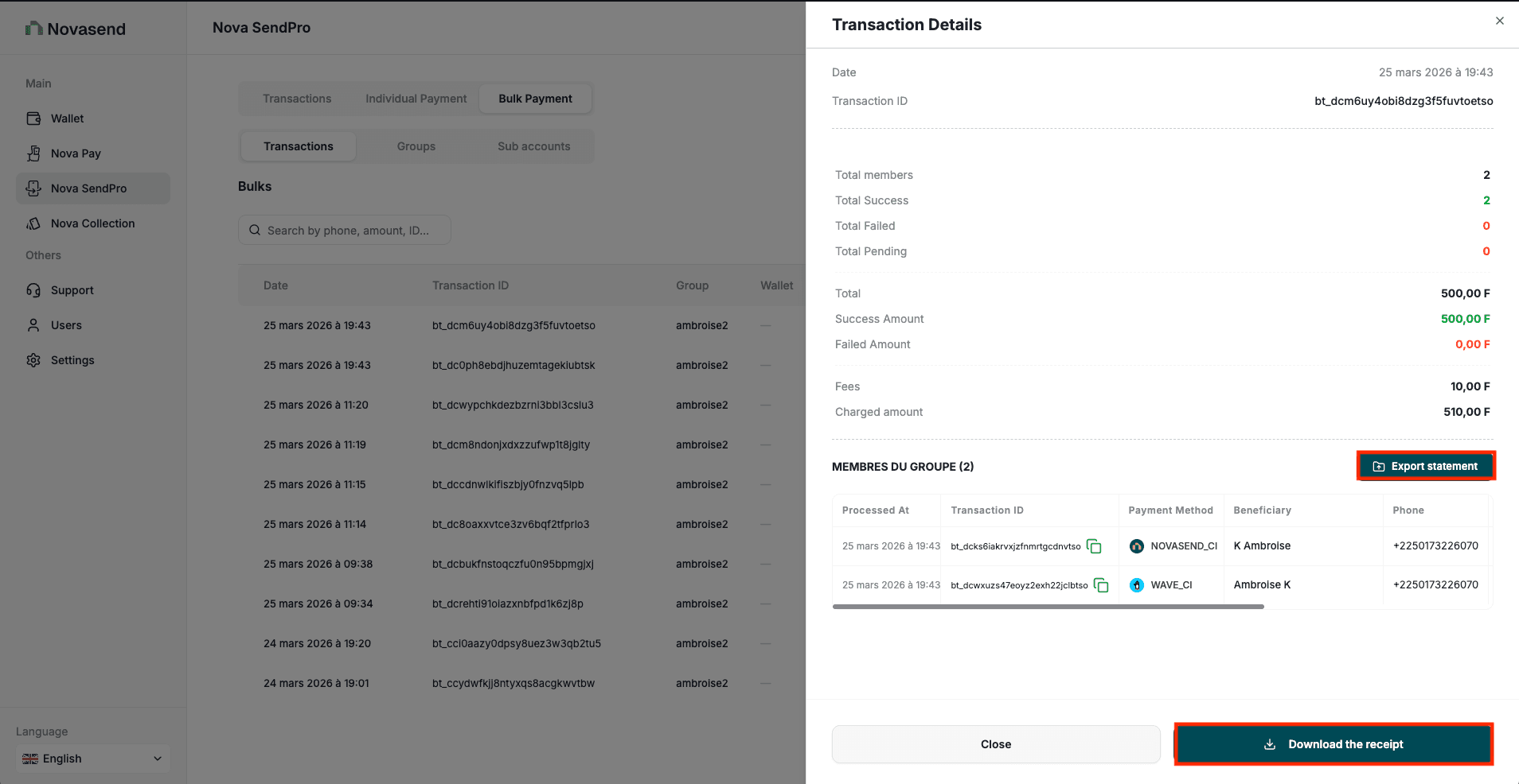 Image: Bulk transaction details screen with download receipt and statement buttons