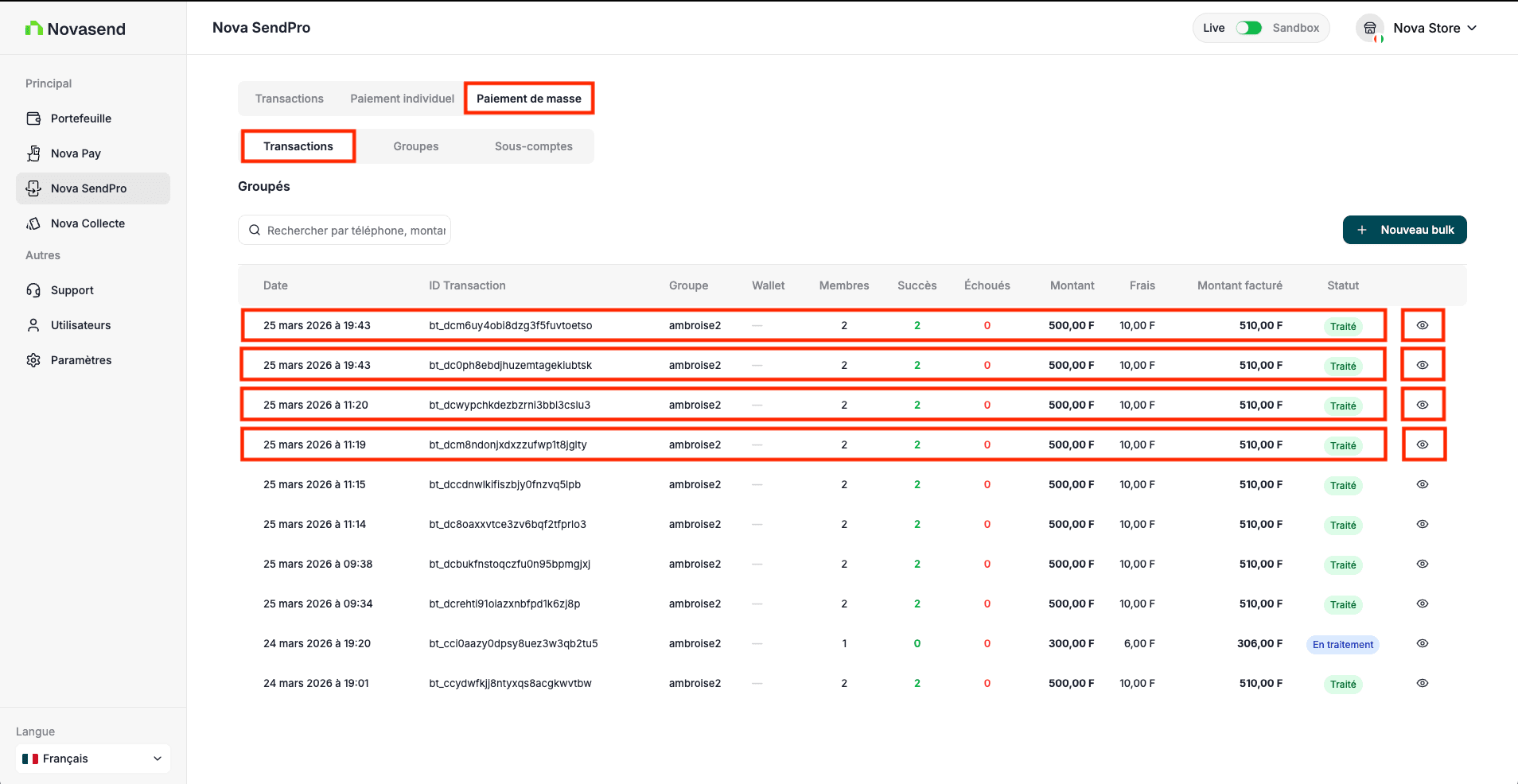 Image : Écran de détails de la transaction bulk