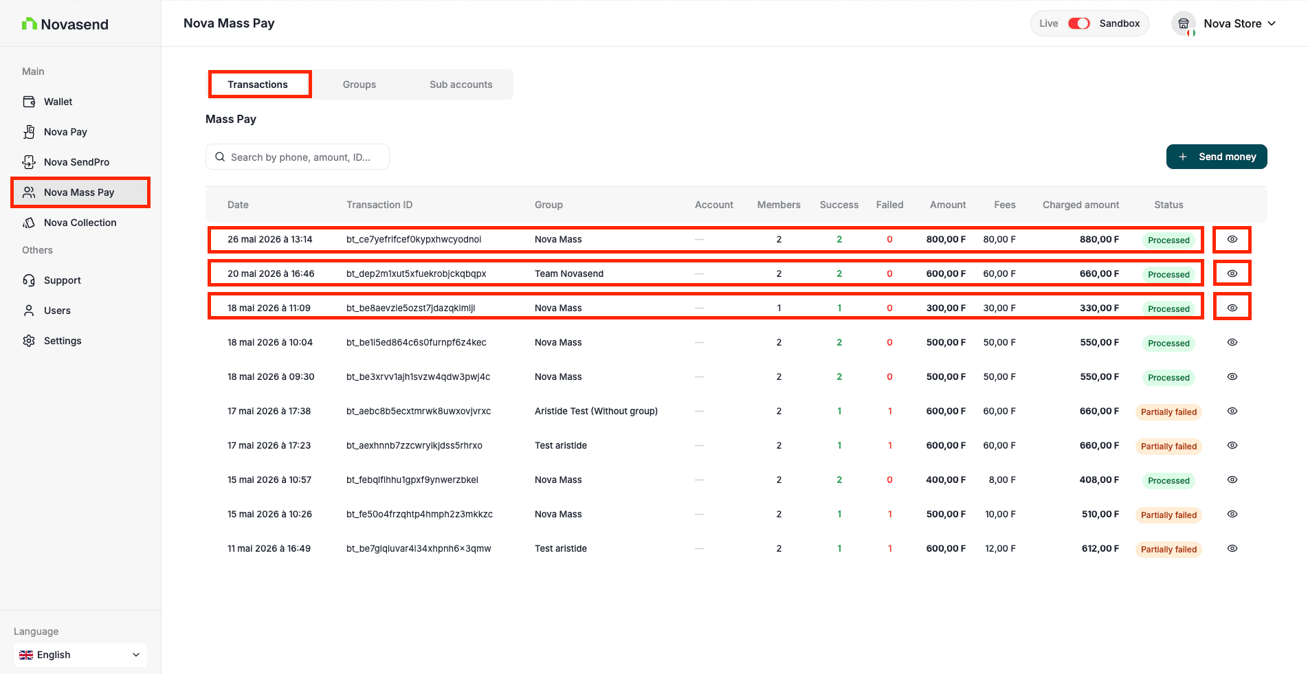 Image: Mass payment details screen with download buttons