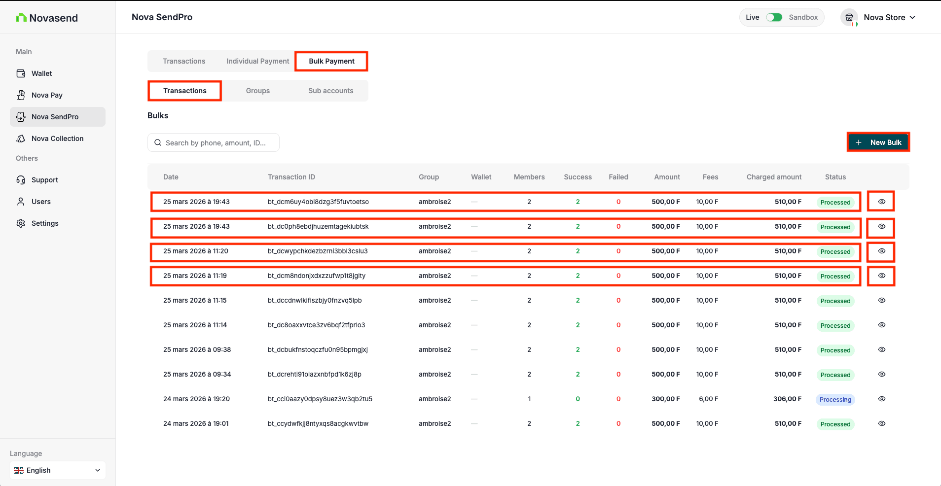 Image: Bulk transaction details screen