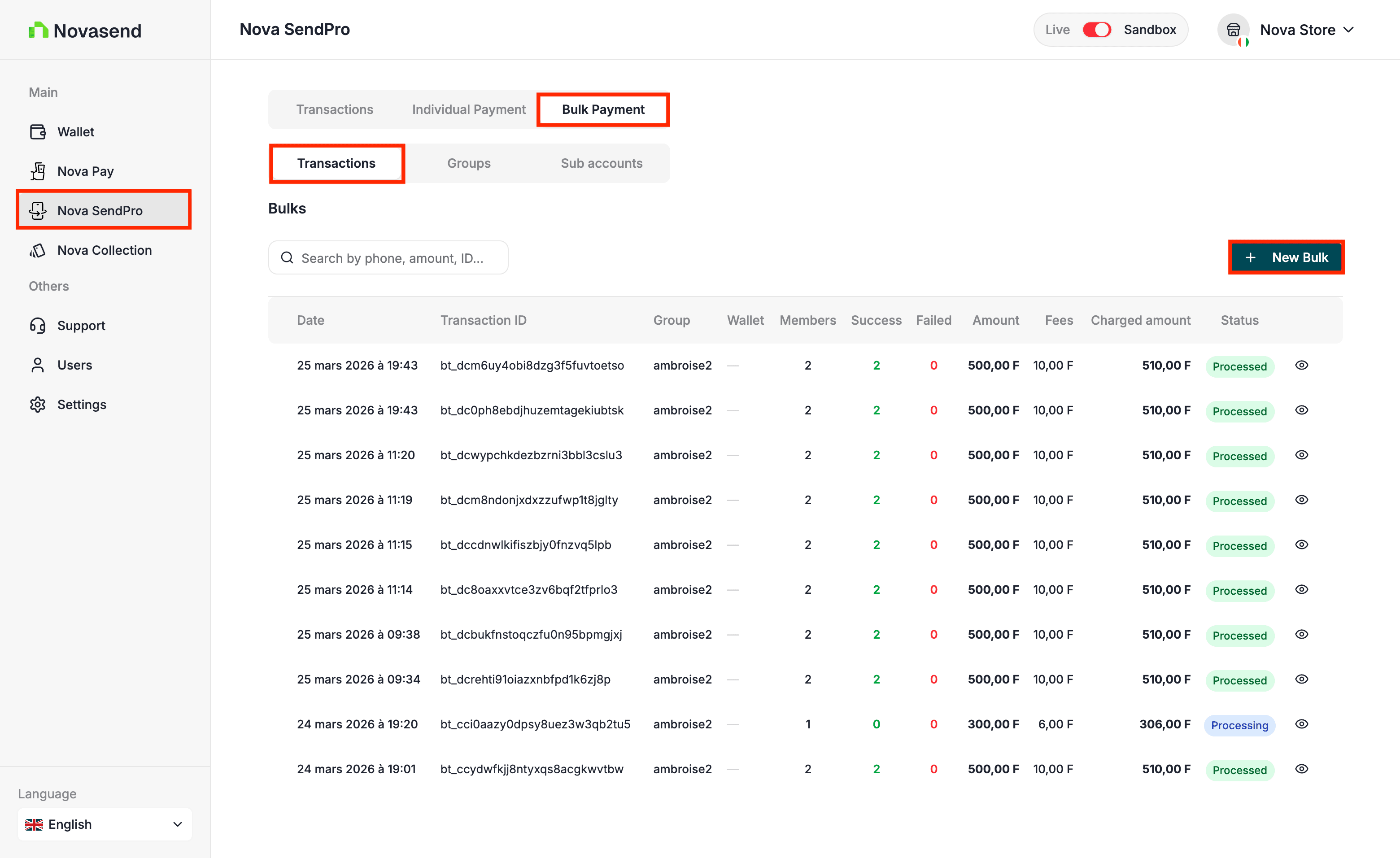 Image: Click on Transaction tab and New bulk button