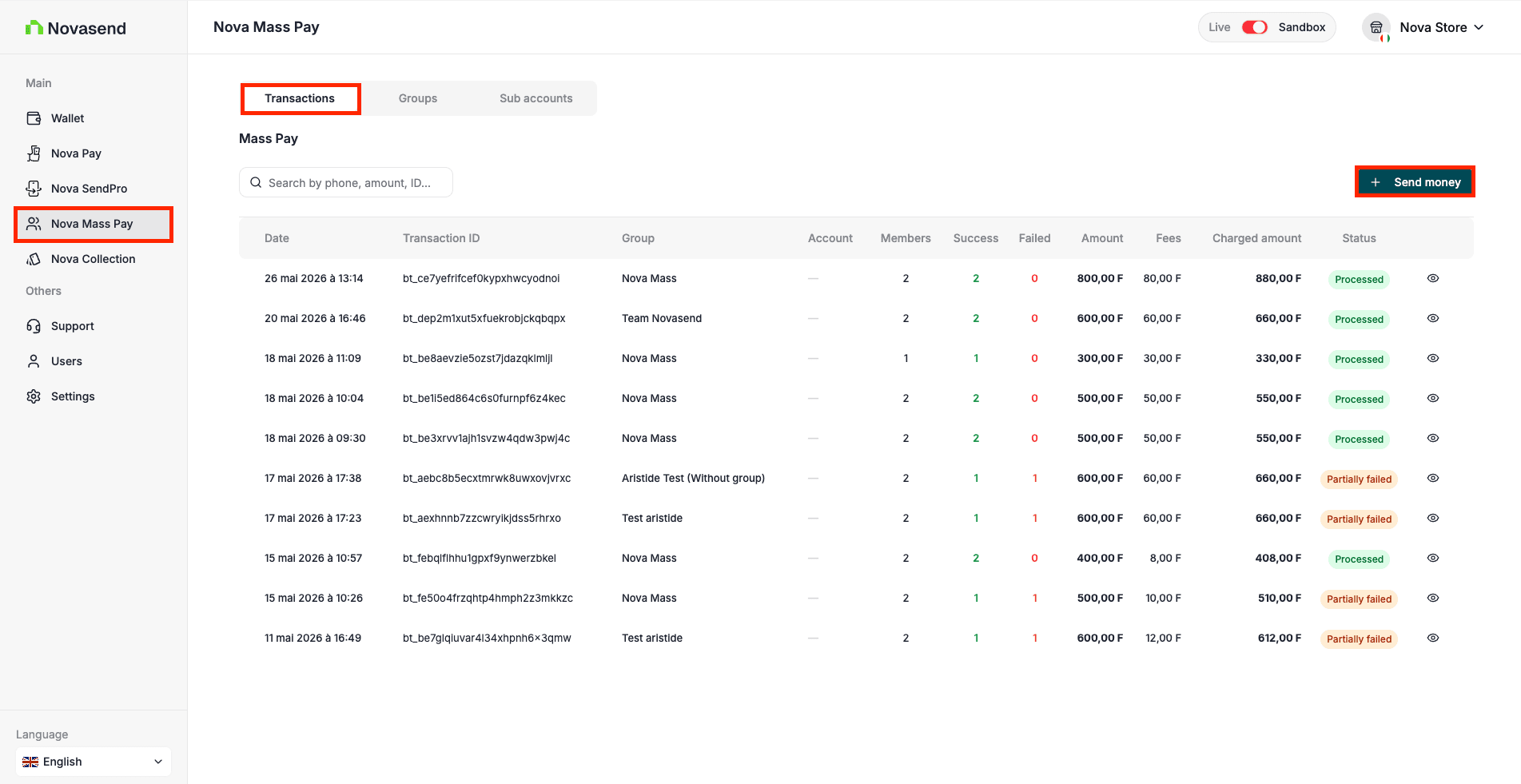 Image: Click on Transactions tab and Send money button