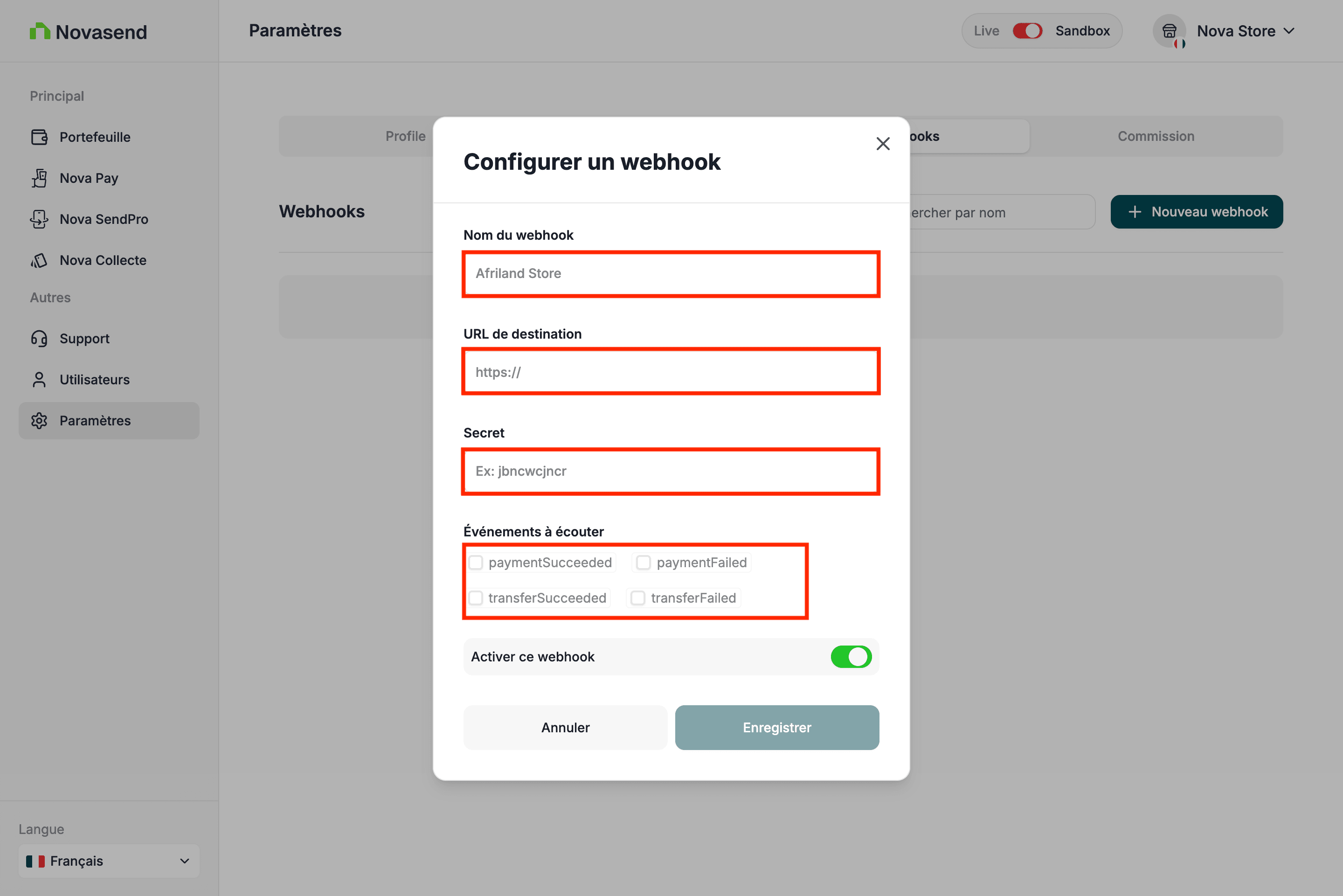 Enregistrer le Webhook