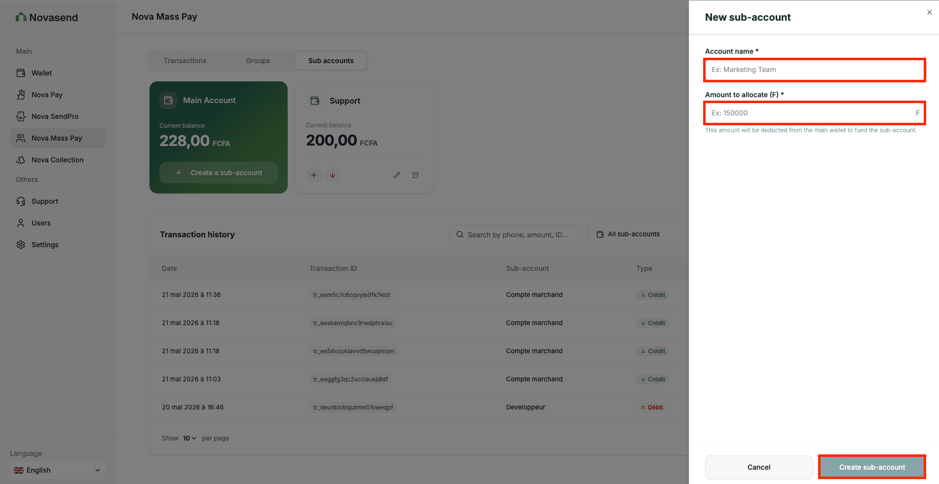 Image: Sub-account creation